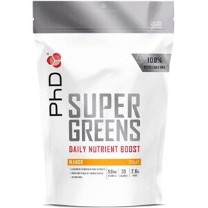 PhD Nutrition Super Greens Powder, Mango Flavour, High Fibre Low Sugar, Blend of 18 Nutrient Rich Fruits and Vegetables, 300 g PhD Nutrition Super Greens Powder, Mango Flavour, High Fibre Low Sugar, Blend of 18 Nutrient Rich Fruits and Vegetables, 300 g