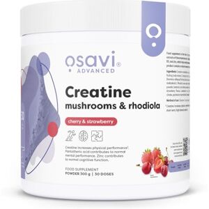 OSAVI Creatine + Mushrooms & Rhodiola – 300 g Powder Cherry & Strawberry with Lion’s Mane, Cordyceps & Chaga Increases Performance in Short Bursts of high Intensity Exercise B6, B5, Zinc OSAVI Creatine + Mushrooms & Rhodiola – 300 g Powder Cherry & Strawberry with Lion’s Mane, Cordyceps & Chaga Increases Performance in Short Bursts of high Intensity Exercise B6, B5, Zinc