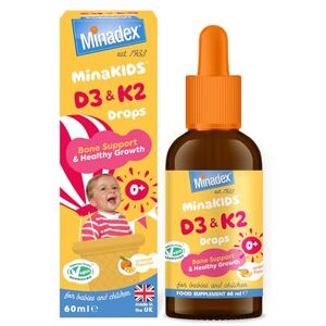 Minadex MinaKIDS D3 & K2 Drops – Delicious Orange Flavoured Supplement with 400 I.U D3, Essential Bone & Immune Support Vitamins for Babies and Children, Sugar-Free, Vegan, 60ml Minadex MinaKIDS D3 & K2 Drops – Delicious Orange Flavoured Supplement with 400 I.U D3, Essential Bone & Immune Support Vitamins for Babies and Children, Sugar-Free, Vegan, 60ml