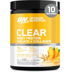 Optimum Nutrition Clear Whey + Collagen, Summer Fruit Ice Tea Flavour, 10 g Whey Isolate and 10 g Collagen Peptides per Serving, Clear Protein Drink for Joint*, 240 g, 10 Servings Optimum Nutrition Clear Whey + Collagen, Summer Fruit Ice Tea Flavour, 10 g Whey Isolate and 10 g Collagen Peptides per Serving, Clear Protein Drink for Joint*, 240 g, 10 Servings