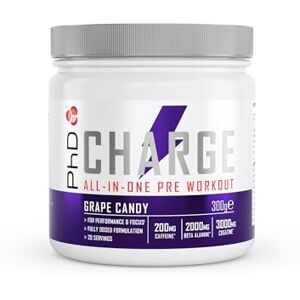 PhD Charge, All in One Pre Workout Powder with Creatine for Women and Men, Rich in Beta Alanine, High Caffeine for pre-Workout, Grape Candy Flavour, 20 Servings Per 300g Bottle PhD Charge, All in One Pre Workout Powder with Creatine for Women and Men, Rich in Beta Alanine, High Caffeine for pre-Workout, Grape Candy Flavour, 20 Servings Per 300g Bottle