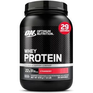 Optimum Nutrition Whey Protein Powder, Strawberry Flavour, 22 g High Protein Per Serving, Ready-to-Mix Whey Concentrate with Sweetener, Muscle Support and Repair, 870 g, 29 Servings Optimum Nutrition Whey Protein Powder, Strawberry Flavour, 22 g High Protein Per Serving, Ready-to-Mix Whey Concentrate with Sweetener, Muscle Support and Repair, 870 g, 29 Servings