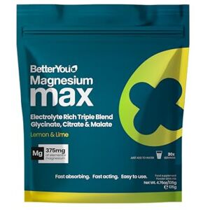 BetterYou Magnesium Glycinate, Citrate & Malate Supplement Magnesium Max Powder Lemon & Lime Flavoured, 3-in-1 Powder 375mg Elemental Absorbtion, Fast Absorbing, Fast Acting & Easy to Use BetterYou Magnesium Glycinate, Citrate & Malate Supplement Magnesium Max Powder Lemon & Lime Flavoured, 3-in-1 Powder 375mg Elemental Absorbtion, Fast Absorbing, Fast Acting & Easy to Use