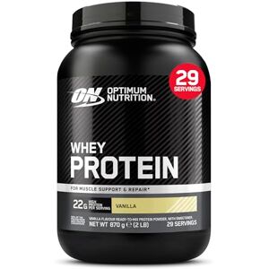 Optimum Nutrition Whey Protein Powder, Smooth Vanilla Flavour, 22 g High Protein Per Serving, Ready-to-Mix Whey Concentrate with Sweetener, Muscle Support and Repair, 870 g, 29 Servings Optimum Nutrition Whey Protein Powder, Smooth Vanilla Flavour, 22 g High Protein Per Serving, Ready-to-Mix Whey Concentrate with Sweetener, Muscle Support and Repair, 870 g, 29 Servings