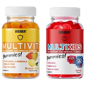 Weider Multivit + Multikids Gummies Multivitamin Pack for Adults and Children Vitamins (D,C,E,B6,B12) and Minerals No Added Sugar Ideal Pack for The Whole Family 80 and 50 Gummies Weider Multivit + Multikids Gummies Multivitamin Pack for Adults and Children Vitamins (D,C,E,B6,B12) and Minerals No Added Sugar Ideal Pack for The Whole Family 80 and 50 Gummies