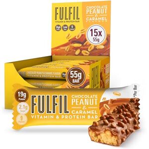 Fulfil Vitamin and Protein Bars (15 x 55 g Bars) Chocolate Peanut & Caramel Flavour 20 g High Protein, 9 Vitamins, Low Sugar Fulfil Vitamin and Protein Bars (15 x 55 g Bars) Chocolate Peanut & Caramel Flavour 20 g High Protein, 9 Vitamins, Low Sugar