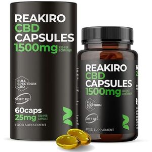 Reakiro CBD Soft Gel Capsules 1500mg, 60pcs I 25mg per Capsule I 2 Month Supply I High Strength I Premium Quality Pre-Dosed Supplement Reakiro CBD Soft Gel Capsules 1500mg, 60pcs I 25mg per Capsule I 2 Month Supply I High Strength I Premium Quality Pre-Dosed Supplement