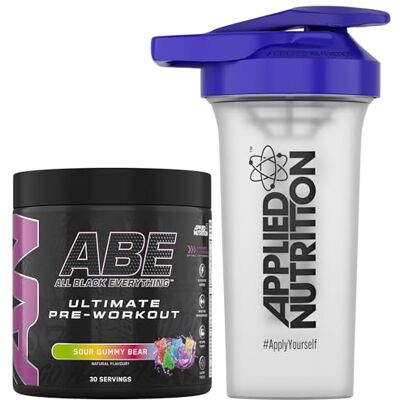 Applied Nutrition Bundle ABE Pre Workout 375g + 700ml Protein Shaker All Black Everything Pre Workout Powder, Energy & Physical Performance with Creatine, Beta Alanine (Sour Gummy Bear) Applied Nutrition Bundle ABE Pre Workout 375g + 700ml Protein Shaker All Black Everything Pre Workout Powder, Energy & Physical Performance with Creatine, Beta Alanine (Sour Gummy Bear)