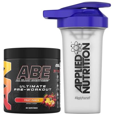 Applied Nutrition Bundle ABE Pre Workout 375g + 700ml Protein Shaker All Black Everything Pre Workout Powder, Energy & Physical Performance with Creatine, Beta Alanine (Fruit Punch) Applied Nutrition Bundle ABE Pre Workout 375g + 700ml Protein Shaker All Black Everything Pre Workout Powder, Energy & Physical Performance with Creatine, Beta Alanine (Fruit Punch)