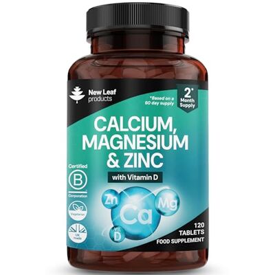 NEW LEAF PRODUCTS New Leaf Calcium, Magnesium & Zinc with Vitamin D3, 120 Tablets High Strength, Vegan, Certified B Corp, 2 Month Supply, Made in UK, No Artificial Preservatives or Flavours NEW LEAF PRODUCTS New Leaf Calcium, Magnesium & Zinc with Vitamin D3, 120 Tablets High Strength, Vegan, Certified B Corp, 2 Month Supply, Made in UK, No Artificial Preservatives or Flavours