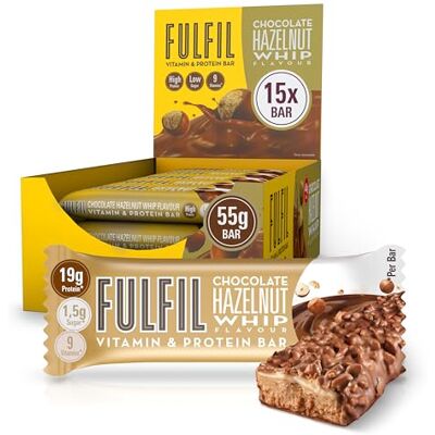 Fulfil Vitamin and Protein Bars, Chocolate Hazelnut Whip Flavour, 15 x 55g Up to 20g High Protein Snacks, 9 Vitamins, Low Sugar Protein Bars Fulfil Vitamin and Protein Bars, Chocolate Hazelnut Whip Flavour, 15 x 55g Up to 20g High Protein Snacks, 9 Vitamins, Low Sugar Protein Bars