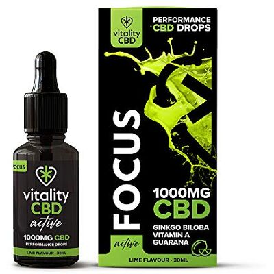 Vitality CBD Active Focus Drops with Ginkgo Biloba, Vitamin A, Guarana, 1000mg of CBD, 30ml, Lime Flavour, NO THC Vitality CBD Active Focus Drops with Ginkgo Biloba, Vitamin A, Guarana, 1000mg of CBD, 30ml, Lime Flavour, NO THC