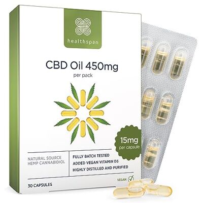 Healthspan CBD Oil Capsules 450mg 15mg High Strength Pure CBD Oil Capsules 450 mg CBD per Pack Eriched with Vitamin D Healthspan CBD Oil Capsules 450mg 15mg High Strength Pure CBD Oil Capsules 450 mg CBD per Pack Eriched with Vitamin D