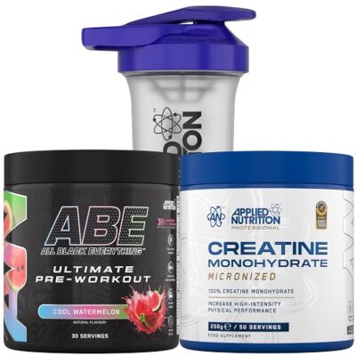 Applied Nutrition Bundle ABE Pre Workout 375g + Creatine 250g + 700ml Protein Shaker All Black Everything Pre Workout Powder, Energy & Performance with Creatine, Beta Alanine (Cool Watermelon) Applied Nutrition Bundle ABE Pre Workout 375g + Creatine 250g + 700ml Protein Shaker All Black Everything Pre Workout Powder, Energy & Performance with Creatine, Beta Alanine (Cool Watermelon)