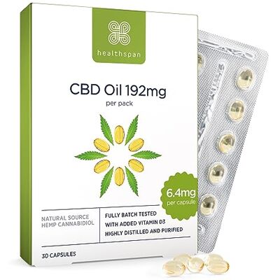 Healthspan High Strength CBD Oil Capsules 6.4mg (30 Capsules) 6.4mg Pure CBD Oil per Capsule for Muscle Support Enriched with Vitamin D Healthspan High Strength CBD Oil Capsules 6.4mg (30 Capsules) 6.4mg Pure CBD Oil per Capsule for Muscle Support Enriched with Vitamin D