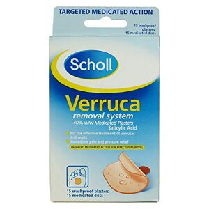 Scholl Verruca Removal System - 15 Washproof Plasters & Medicated Discs, with Salicylic Acid, Targeted Action for Effective Verucca Removal
