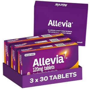 Allevia 120mg Allergy Relief Tablets 90 cts (3 Packs of 30 cts) 120mg Fexofenadine 24hr Relief Acts Within 1 Hour Non-drowsy in Most People Relieves Hayfever, Pet, Dust and Mould Allergies Allevia 120mg Allergy Relief Tablets 90 cts (3 Packs of 30 cts) 120mg Fexofenadine 24hr Relief Acts Within 1 Hour Non-drowsy in Most People Relieves Hayfever, Pet, Dust and Mould Allergies