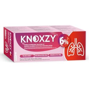 KNOXZY Hypertonic Saline Inhalation Solution 6%. Inhalation Solution for Adults & Children. Box Contains 60 Single dose vials of 4ml. KNOXZY Hypertonic Saline Inhalation Solution 6%. Inhalation Solution for Adults & Children. Box Contains 60 Single dose vials of 4ml.