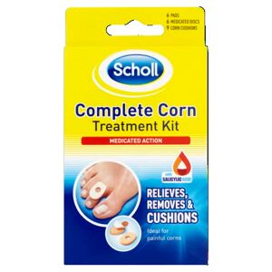 Scholl Complete Corn Removal Treatment Kit, 1 Pack - Medicated Action with Salicylic Acid, Includes 6 Pads, 6 Medicated Discs, and 9 Cushions for Effective Corn Removal