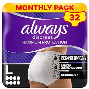 Always Discreet Maximum Protection Incontinence Pants Secure, Curve-Hugging Fit Size Large (UK 16-24), 32 Count (4 Packs of 8) Always Discreet Maximum Protection Incontinence Pants Secure, Curve-Hugging Fit Size Large (UK 16-24), 32 Count (4 Packs of 8)