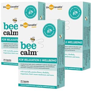 Unbeelievable Health Bee Calm Relaxation and Wellbeing Support - Created by Nutritional Experts – Help Increase Resistance to Stress – Plant Based & Gluten Free (3 packs) Unbeelievable Health Bee Calm Relaxation and Wellbeing Support - Created by Nutritional Experts – Help Increase Resistance to Stress – Plant Based & Gluten Free (3 packs)