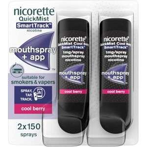 Nicorette Quickmist SmartTrack Mouthspray, Cool Berry (2 x 150 sprays) Smoking or Vaping cessation Aid, designed to start reducing cravings in 30 seconds (Quit Smoking or Quit Vaping Aid) Nicorette Quickmist SmartTrack Mouthspray, Cool Berry (2 x 150 sprays) Smoking or Vaping cessation Aid, designed to start reducing cravings in 30 seconds (Quit Smoking or Quit Vaping Aid)