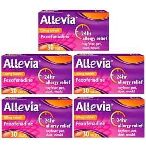 Allevia 120mg Allergy Relief Tablets 150 cts (5 packs of 30 cts) 120mg Fexofenadine 24hr Relief Acts within 1 Hour Non-drowsy in Most People Relieves Hayfever, Pet, Dust and Mould Allergies Allevia 120mg Allergy Relief Tablets 150 cts (5 packs of 30 cts) 120mg Fexofenadine 24hr Relief Acts within 1 Hour Non-drowsy in Most People Relieves Hayfever, Pet, Dust and Mould Allergies