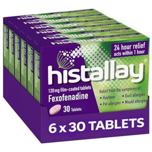 HISTALLAY Hayfever & Allergy Relief Tablets, 180 Tablets, 120mg Fexofenadine, Antihistamine, 24hr Relief Acts Within 1hr, Relieves Hayfever, Pet, Dust and Mould Allergies (6 Month Supply) HISTALLAY Hayfever & Allergy Relief Tablets, 180 Tablets, 120mg Fexofenadine, Antihistamine, 24hr Relief Acts Within 1hr, Relieves Hayfever, Pet, Dust and Mould Allergies (6 Month Supply)