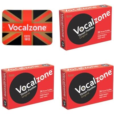Vocalzone Throat Pastilles Original 3 Pack + Free Tin. Tin May Vary. Vocalzone Throat Pastilles Original 3 Pack + Free Tin. Tin May Vary.