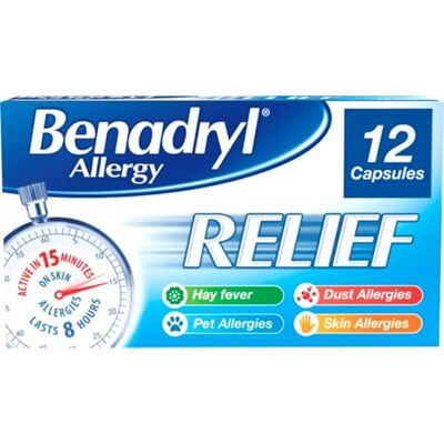 Benadryl Allergy Relief Capsules (1 x 12 Capsules), Antihistamine Tablets with Acrivastine Benadryl Allergy Relief Capsules (1 x 12 Capsules), Antihistamine Tablets with Acrivastine