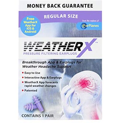 WeatherX Migraine Prevention– Pressure Filtering Earplugs for Shifts in Barometric Weather Pressure, Adult Size (1 Pair) WeatherX Migraine Prevention– Pressure Filtering Earplugs for Shifts in Barometric Weather Pressure, Adult Size (1 Pair)