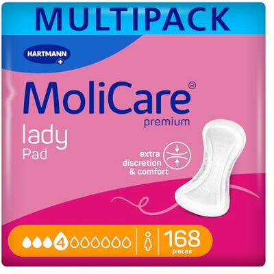 Molicare Premium Lady Pad 4 Drop Extra-Long Incontinence Pads for Women with Bladder Weakness, Odour Neutraliser, Extra Leakage Protection, Advanced Skin Protection, 12 Packs of 14 Pads (168 Pieces) Molicare Premium Lady Pad 4 Drop Extra-Long Incontinence Pads for Women with Bladder Weakness, Odour Neutraliser, Extra Leakage Protection, Advanced Skin Protection, 12 Packs of 14 Pads (168 Pieces)