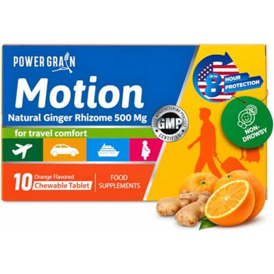 Power Grain Travel & Motion Sickness Tablets 500mg Chewable Ginger Rhizome Tablets Non-Drowsy Nausea & Vomiting Relief 10 Tablets (Orange) Power Grain Travel & Motion Sickness Tablets 500mg Chewable Ginger Rhizome Tablets Non-Drowsy Nausea & Vomiting Relief 10 Tablets (Orange)