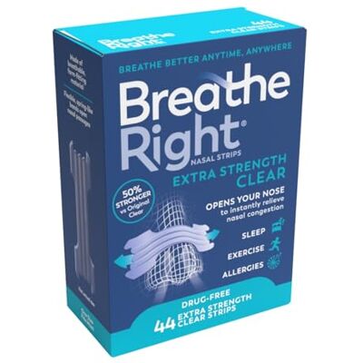 Breathe Right Extra Strength Clear 44 Pieces, Nasal Strips for Snoring, Nose Strips for Breathing, Blocked Nose Relief, Drug-Free Snoring Aid for Men and Women, Pack of 44 Breathe Right Extra Strength Clear 44 Pieces, Nasal Strips for Snoring, Nose Strips for Breathing, Blocked Nose Relief, Drug-Free Snoring Aid for Men and Women, Pack of 44