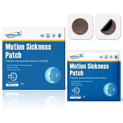 Hionfurt Motion Sickness Patches, 16 Patches for Car, Sea and Air Travel Non-Drowsy Travel Sickness Patches with Natural Ingredients for Car, Sea and Air Travel, Lasts 72 Hours Hionfurt Motion Sickness Patches, 16 Patches for Car, Sea and Air Travel Non-Drowsy Travel Sickness Patches with Natural Ingredients for Car, Sea and Air Travel, Lasts 72 Hours