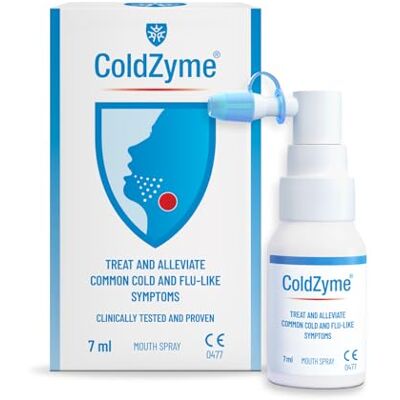 Coldzyme Mouth & Throat Spray Reduces a Cold by up to 4.5 Days Deactivates Viruses Use at First Signs (Scratchy Throat, Runny Nose, Malaise, Headache, Coughing) Menthol Flavour 7 ml Use at first symptoms, 94% less virus in the throat, Disables c Coldzyme Mouth & Throat Spray Reduces a Cold by up to 4.5 Days Deactivates Viruses Use at First Signs (Scratchy Throat, Runny Nose, Malaise, Headache, Coughing) Menthol Flavour 7 ml Use at first symptoms, 94% less virus in the throat, Disables c
