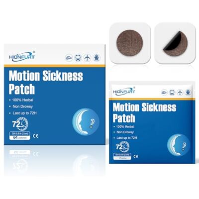 Hionfurt Motion Sickness Patches, 64 Patches for Car, Sea and Air Travel Non-Drowsy Travel Sickness Patches with Natural Ingredients for Car, Sea and Air Travel, Lasts 72 Hours Hionfurt Motion Sickness Patches, 64 Patches for Car, Sea and Air Travel Non-Drowsy Travel Sickness Patches with Natural Ingredients for Car, Sea and Air Travel, Lasts 72 Hours