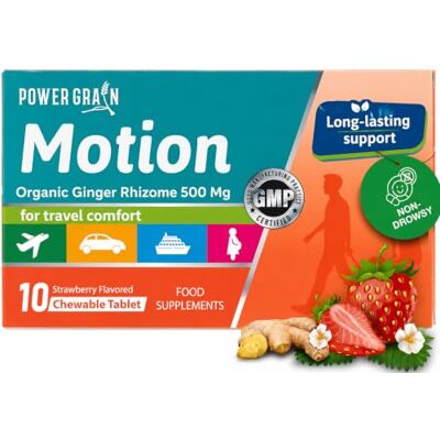 Power Grain Travel & Motion Sickness Tablets 500mg Chewable Ginger Rhizome Tablets Non-Drowsy Nausea & Vomiting Relief 10 Tablets (Strawberry) Power Grain Travel & Motion Sickness Tablets 500mg Chewable Ginger Rhizome Tablets Non-Drowsy Nausea & Vomiting Relief 10 Tablets (Strawberry)
