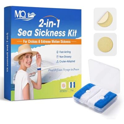MQ 28ct Sea Sickness Patches & 1Pair Bracelets, Travel Sickness Patch with Motion Sickness Wristbands, Travel Essentials for Cruise & Flight Non-Drowsy, 72h Long-Lasting MQ 28ct Sea Sickness Patches & 1Pair Bracelets, Travel Sickness Patch with Motion Sickness Wristbands, Travel Essentials for Cruise & Flight Non-Drowsy, 72h Long-Lasting