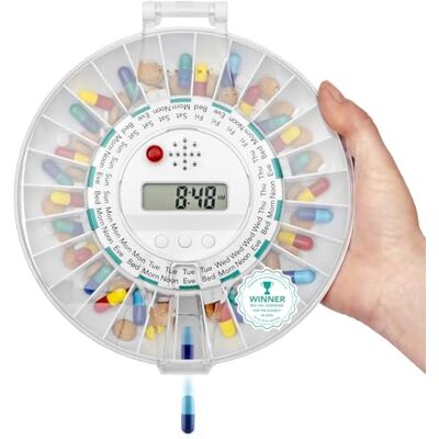 TabTime Automatic Pill Dispenser 6 Daily Alarms, Clear Locking Lid 6 daily alarms, see-through clear locking lid. Electronic medication dispenser for elderly, dementia & Alzheimer's TabTime Automatic Pill Dispenser 6 Daily Alarms, Clear Locking Lid 6 daily alarms, see-through clear locking lid. Electronic medication dispenser for elderly, dementia & Alzheimer's