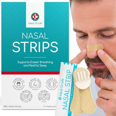 Medi Grade Nasal Strips, 100 Pack, Skin Tone Nose Strips for Breathing Single Use Nasal Dilators that Open Nasal Passages for Easier Nighttime Breathing Helps Reduce Snoring Breathable Design Medi Grade Nasal Strips, 100 Pack, Skin Tone Nose Strips for Breathing Single Use Nasal Dilators that Open Nasal Passages for Easier Nighttime Breathing Helps Reduce Snoring Breathable Design