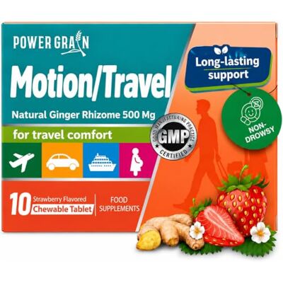Power Grain Travel & Motion Sickness Tablets 500mg Chewable Ginger Rhizome Tablets Non-Drowsy Nausea & Vomiting Relief 10 Tablets (Strawberry) Power Grain Travel & Motion Sickness Tablets 500mg Chewable Ginger Rhizome Tablets Non-Drowsy Nausea & Vomiting Relief 10 Tablets (Strawberry)