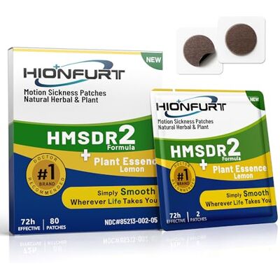 Hionfurt HMSDR2 Motion Sickness Patches, 80 Patches with Lemon Essence Non-Drowsy Travel Sickness Patches with Natural Ingredients for Car, Sea and Air Travel, Lasts 72 Hours Hionfurt HMSDR2 Motion Sickness Patches, 80 Patches with Lemon Essence Non-Drowsy Travel Sickness Patches with Natural Ingredients for Car, Sea and Air Travel, Lasts 72 Hours