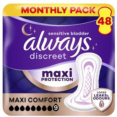 Discreet Maxi Comfort Incontinence Pads Women, Absorbency 9, 48 Pads, Extra Secure Bladder Weakness Pads for Sensitive Bladder, Odour Lock Discreet Maxi Comfort Incontinence Pads Women, Absorbency 9, 48 Pads, Extra Secure Bladder Weakness Pads for Sensitive Bladder, Odour Lock