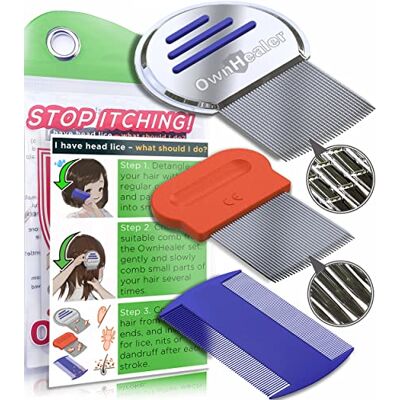 OWNHEALER 3-Piece Family Nit Comb Set Lice & Nit Removal for All Hair Types Professional Grooved Metal & Fine Tooth Combs For Kids & Adults OWNHEALER 3-Piece Family Nit Comb Set Lice & Nit Removal for All Hair Types Professional Grooved Metal & Fine Tooth Combs For Kids & Adults