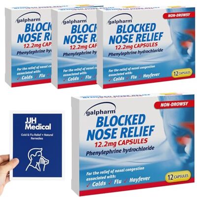 JJH Medical Blocked Nose & Sinus Relief – 48 Capsules (4 Pack) Cold & Flu Remedy Bundle + Relief Guide JJH Medical Blocked Nose & Sinus Relief – 48 Capsules (4 Pack) Cold & Flu Remedy Bundle + Relief Guide