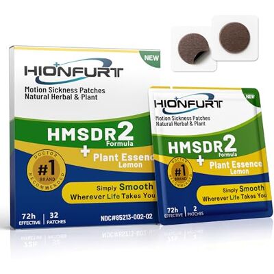 Hionfurt HMSDR2 Motion Sickness Patches, 32 Patches with Lemon Essence Non-Drowsy Travel Sickness Patches with Natural Ingredients for Car, Sea and Air Travel, Lasts 72 Hours Hionfurt HMSDR2 Motion Sickness Patches, 32 Patches with Lemon Essence Non-Drowsy Travel Sickness Patches with Natural Ingredients for Car, Sea and Air Travel, Lasts 72 Hours