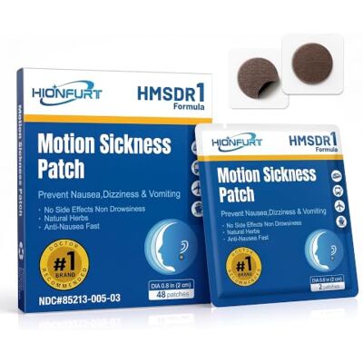 Hionfurt Motion Sickness Patches, 48 Patches for Car, Sea and Air Travel Non-Drowsy Travel Sickness Patches with Natural Ingredients for Car, Sea and Air Travel, Lasts 72 Hours Hionfurt Motion Sickness Patches, 48 Patches for Car, Sea and Air Travel Non-Drowsy Travel Sickness Patches with Natural Ingredients for Car, Sea and Air Travel, Lasts 72 Hours