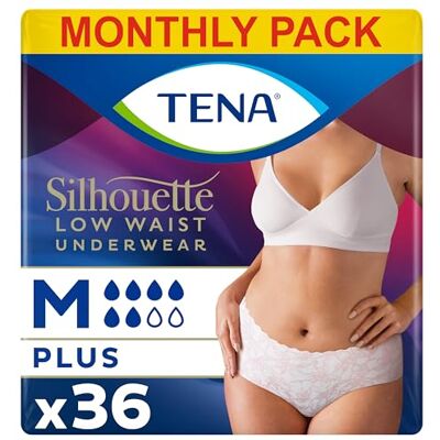 TENA Silhouette Plus Low Waist, 36 pairs of Incontinence Pants (12 x 3 Packs) for Moderate to Heavy Bladder Weakness for Women, Designed for Stylish Protection, White, Medium, Fits Waist 75cm 100cm TENA Silhouette Plus Low Waist, 36 pairs of Incontinence Pants (12 x 3 Packs) for Moderate to Heavy Bladder Weakness for Women, Designed for Stylish Protection, White, Medium, Fits Waist 75cm 100cm