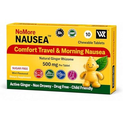 Welcome Pharma Travel Sickness Tablets Sugar-Free Motion Sickness Tablets (10 Tablets) 500mg Natural Ginger Rhizome, Non-Drowsy Chewable Stomach & Nausea Relief Tablets for Adults & Kids 6+ (Mint Flavor) Welcome Pharma Travel Sickness Tablets Sugar-Free Motion Sickness Tablets (10 Tablets) 500mg Natural Ginger Rhizome, Non-Drowsy Chewable Stomach & Nausea Relief Tablets for Adults & Kids 6+ (Mint Flavor)